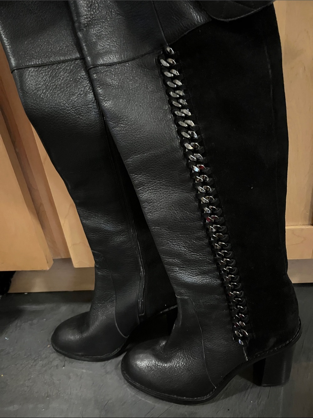 Gianni Bini Black Leather & Suede Over-the-Knee Boots with Chain Trim